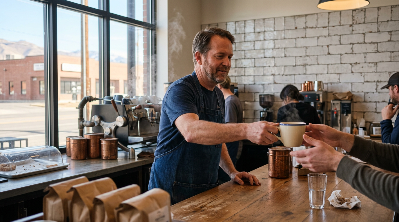 A local coffee shop owner serving a customer at a sunlit counter in Salt Lake City.