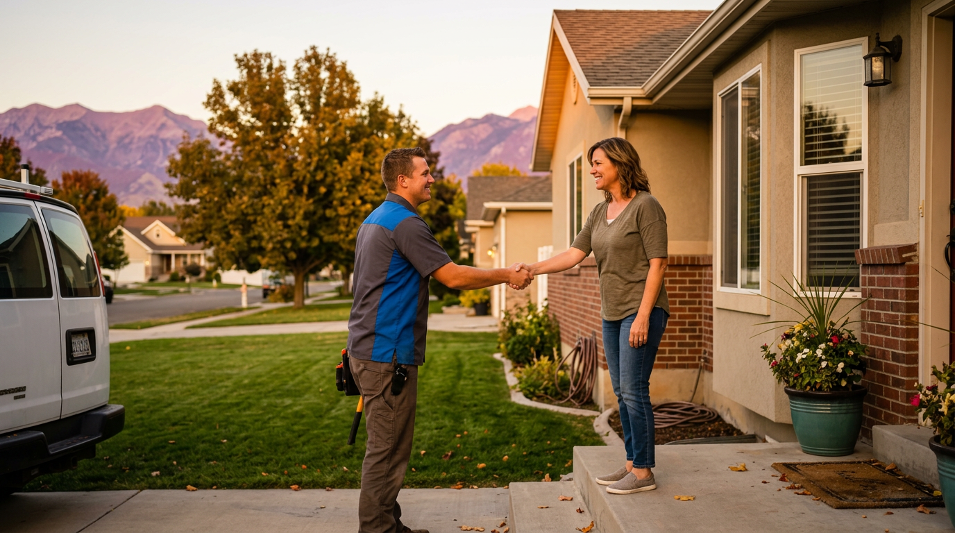 A homeowner shaking hands with a local contractor on a sunny front porch in Utah.