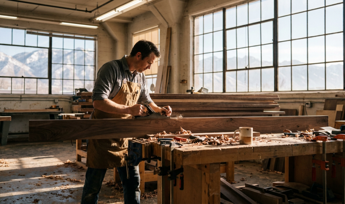 A Salt Lake City artisan shaping wood in a sunlit workshop with mountains visible outside.
