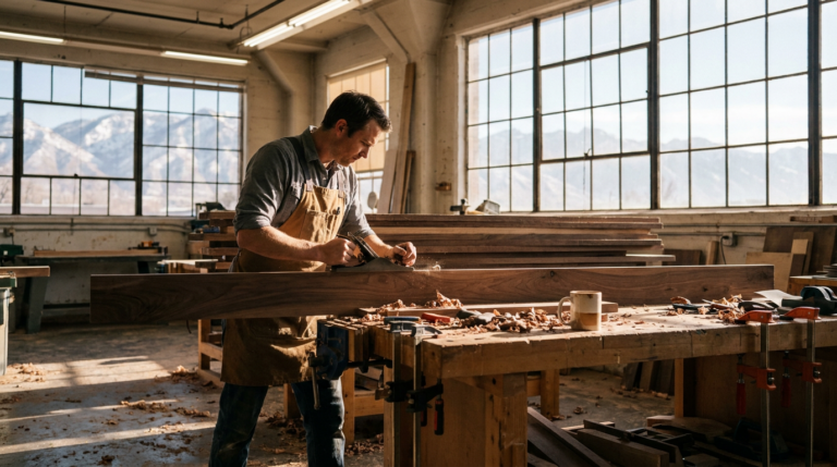 A Salt Lake City artisan shaping wood in a sunlit workshop with mountains visible outside.